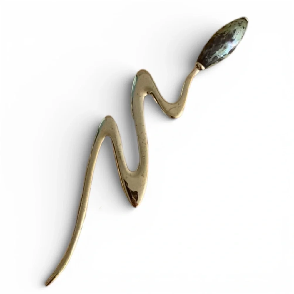 Vintage Abstract Gold Tone Brooch w/ Green Stone Accent Statement Pin Art Deco